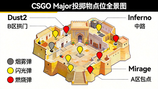 CSGO Major赛事比赛地图投掷物点位全景示意图